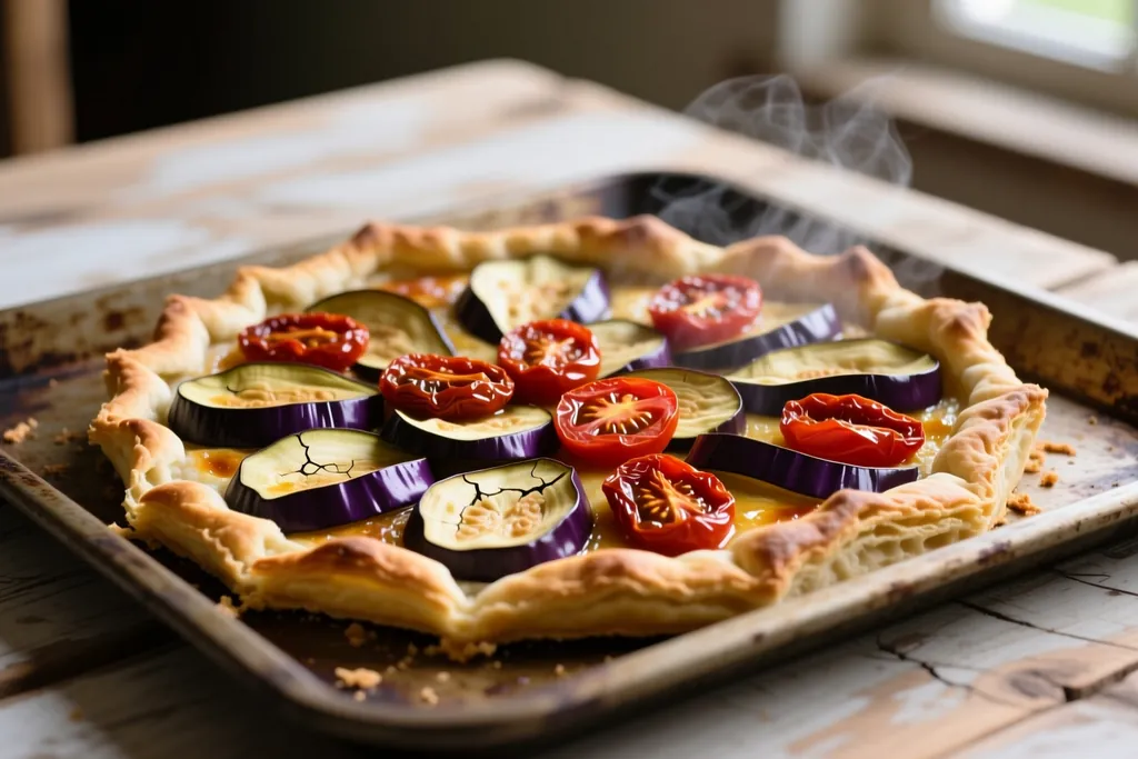 Tarta rústica vegana de berenjena y tomate seco